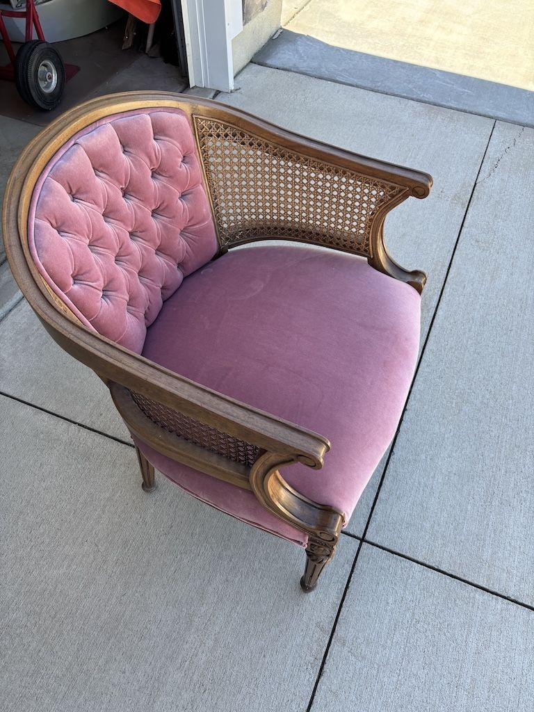 Vintage French Provincial Style Accent Arm Chair - Pink Velvet & Cane Back