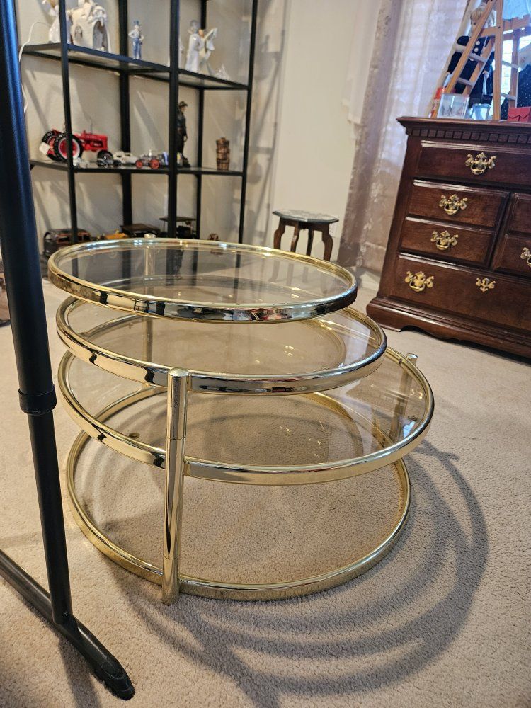 Vintage Brass & Glass Swivel Tiered Low Table & Side Table Set - Mid-Century Modern Design. Estate Sale