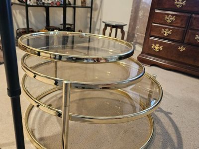 Vintage Brass & Glass Swivel Tiered Low Table & Side Table Set - Mid-Century Modern Design. Estate Sale