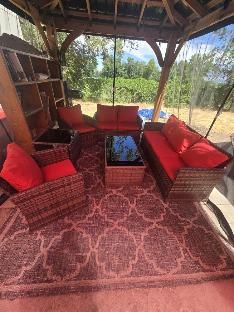Outdoor Patio Furniture Set - Wicker Sofa, Loveseat, 2 Chairs, Coffee Table & End Tables w/ Red Cushions