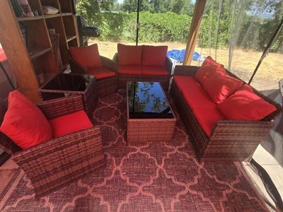 Outdoor Patio Furniture Set - Wicker Sofa, Loveseat, 2 Chairs, Coffee Table & End Tables w/ Red Cushions