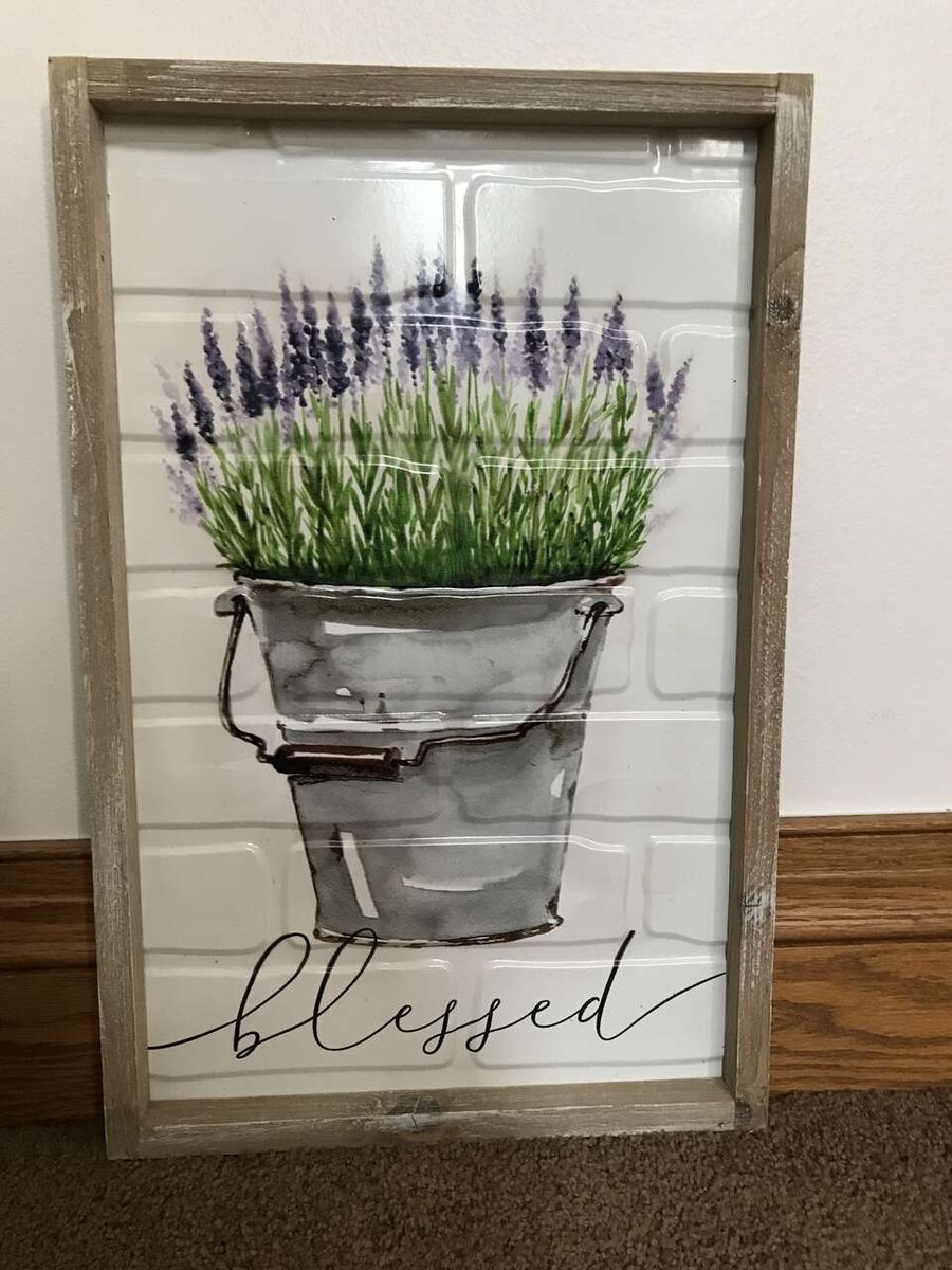 Bucket of Purple Flowers Framed or Porcelain Frame with Gold Trim “Her Children rise up and call her blessed”, New
