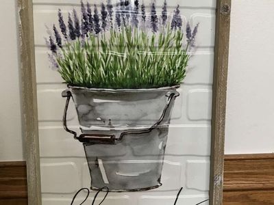 Bucket of Purple Flowers Framed or Porcelain Frame with Gold Trim “Her Children rise up and call her blessed”, New