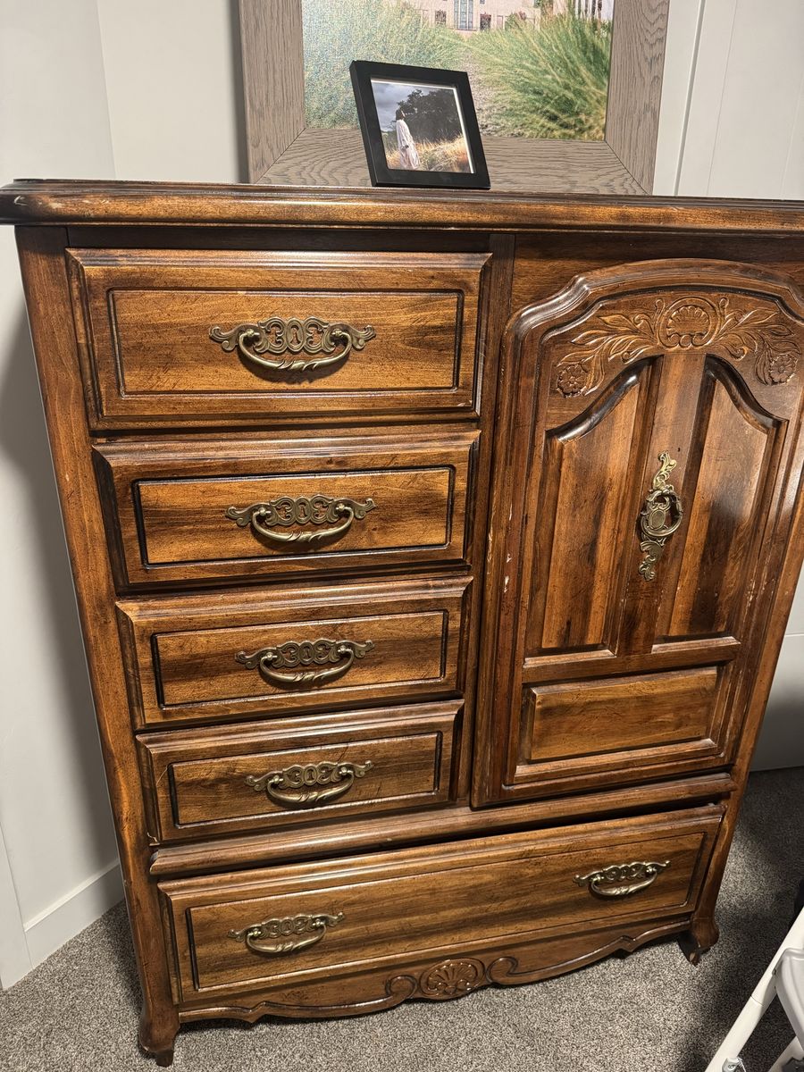 Vintage Solid Wood Armoire Dresser Brass Hardware