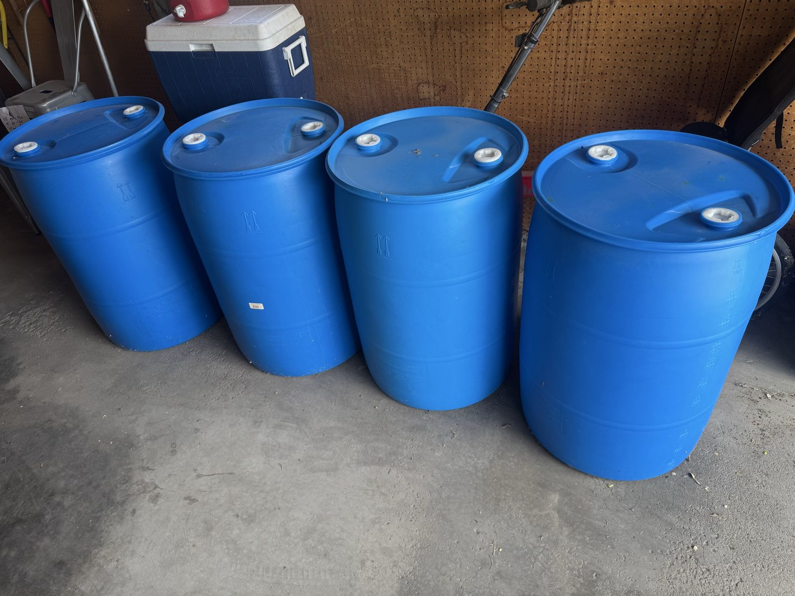 4x Blue 55 Gallon Plastic Water Storage Drums - Food Grade, Closed Top Barrels