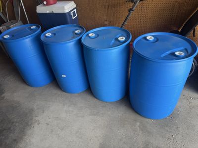 4x Blue 55 Gallon Plastic Water Storage Drums - Food Grade, Closed Top Barrels