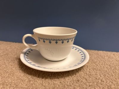 CORNINGWARE CORELLE SNOWFLAKE BLUE TEACUP AND SAUCER