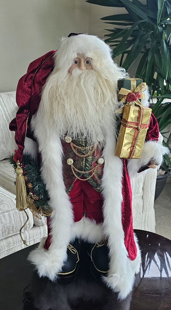 Large Standing Santa Claus Figure with Velvet Coat and Gift Boxes 30"T