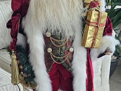 Large Standing Santa Claus Figure with Velvet Coat and Gift Boxes 30"T