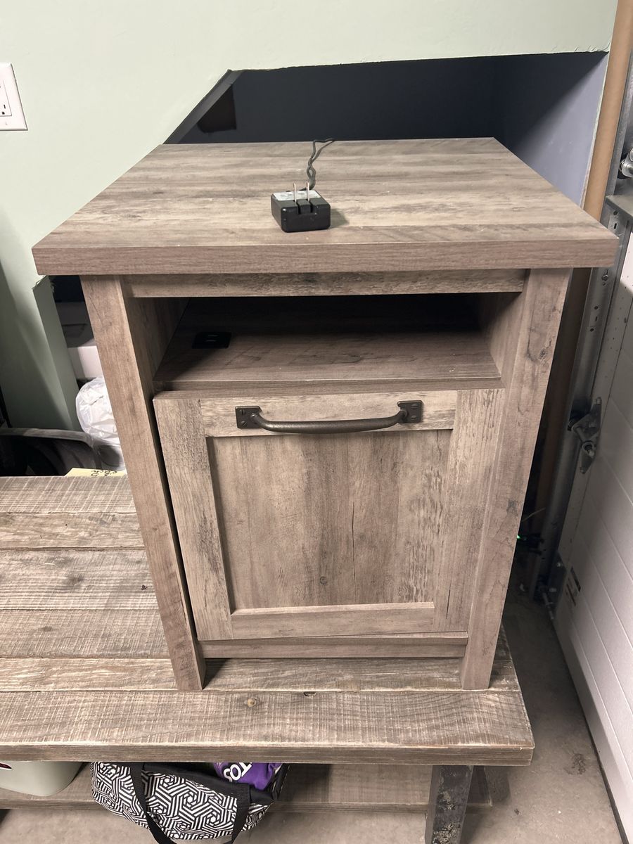 Rustic Gray Nightstand with Built-In Charging Station and Storage Cabinet