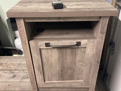 Rustic Gray Nightstand with Built-In Charging Station and Storage Cabinet