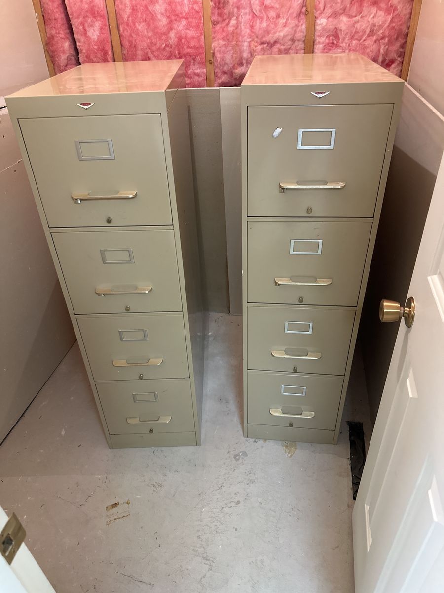 Vintage Tan 4-Drawer Steel Vertical File Cabinets - Set of 2, Locking