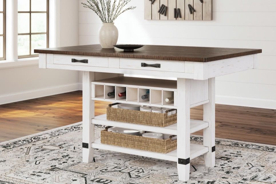 Valebeck Counter Height Storage Dining Table with Wine Rack and Shelves New