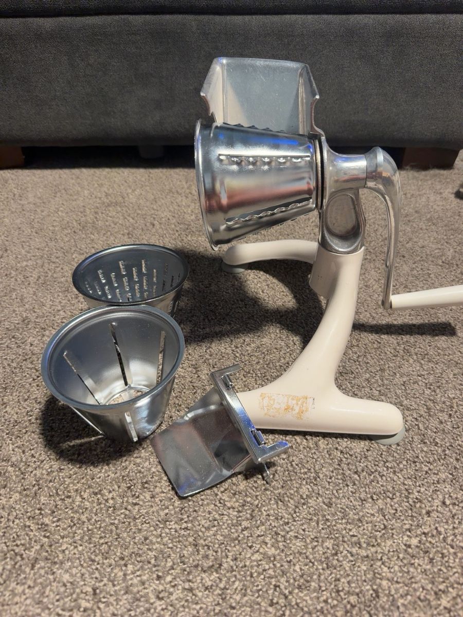 Vintage Metal Hand Crank Grater Shredder with Interchangeable Cones