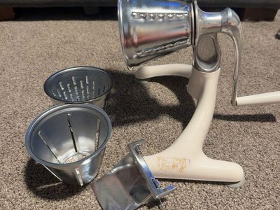 Vintage Metal Hand Crank Grater Shredder with Interchangeable Cones