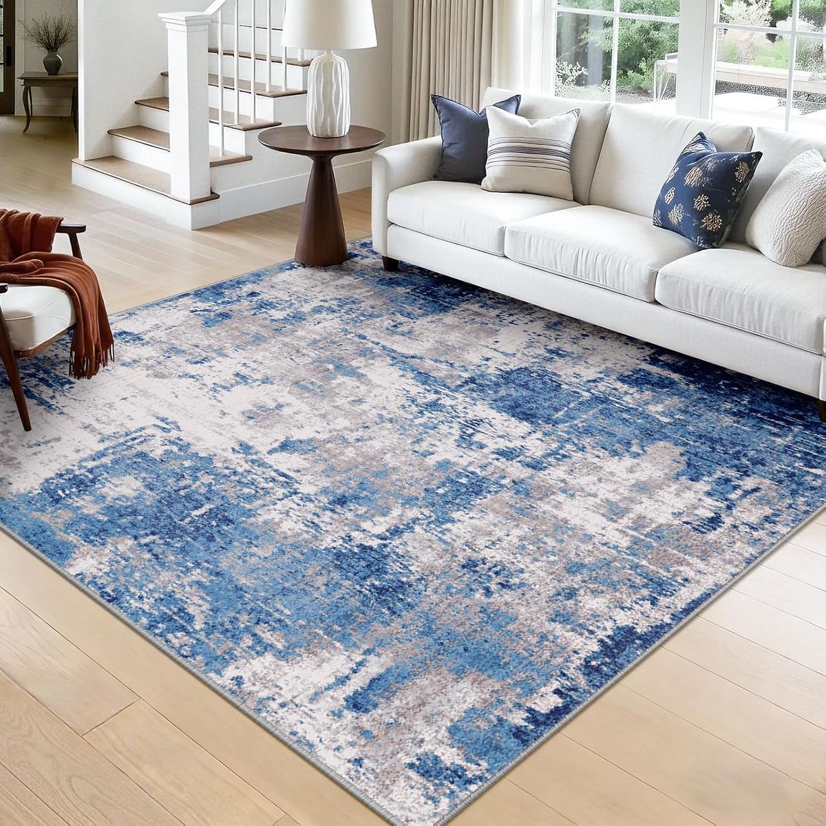 NEW 8x8 Washable Square Area Rug for Living Room Blue Gray