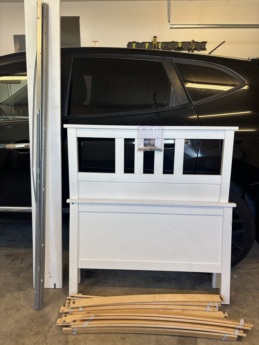IKEA White Wooden Bed Frame with Slats and Headboard