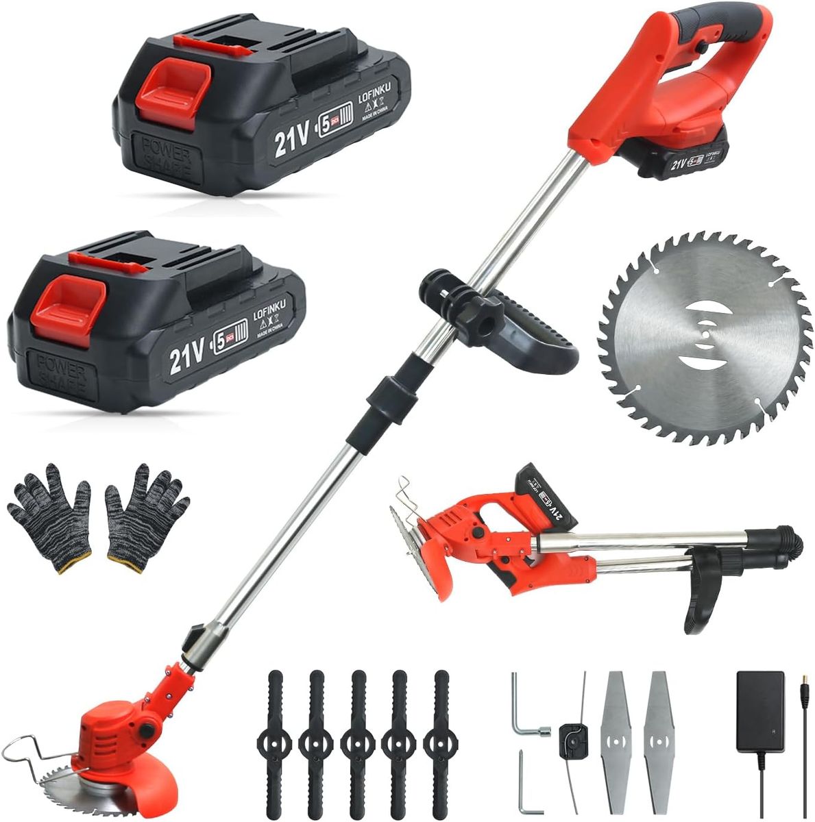 NEW Cordless Grass Trimmer & Edger - Foldable Weighs 3.4 lbs, 2 x 21V Batteries Included, Weed Trimmer, Red