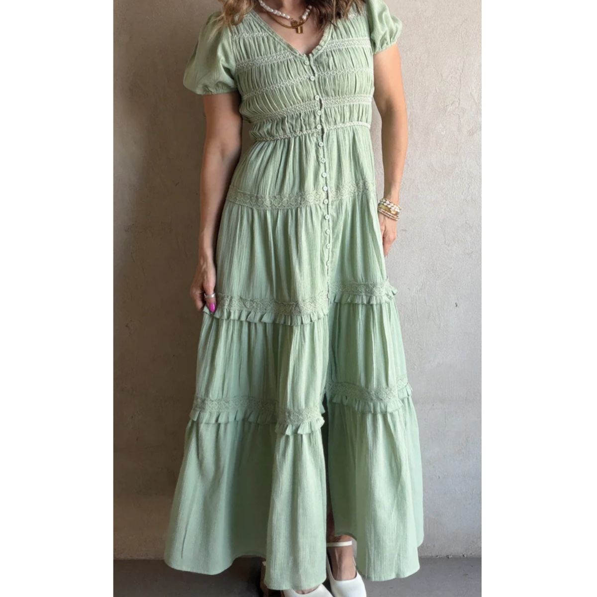 InLoom Green Tiered Ruffle Maxi Dress V-Neck Puff Sleeve Button Front Flowy Bohemian Size Large