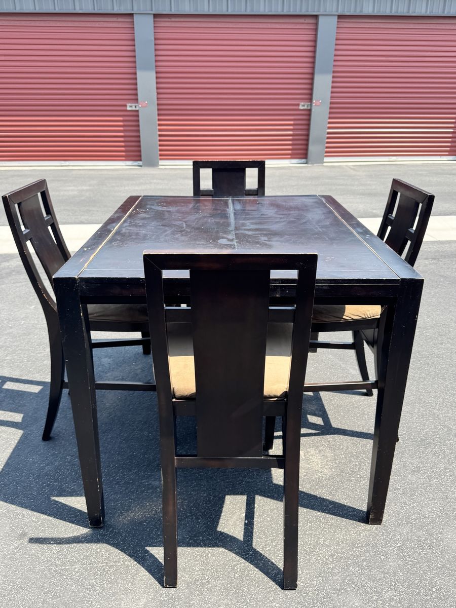 Dark Wood Dining Table Set with 4 Upholstered Chairs