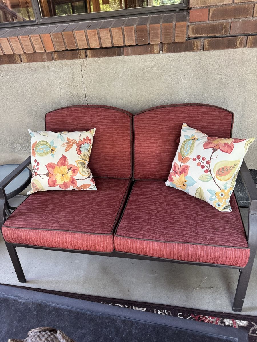 Outdoor Metal Frame Patio Loveseat & Armchair Set with Red Cushions