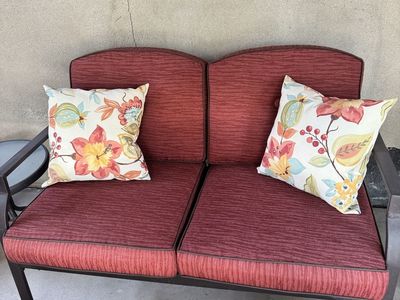 Outdoor Metal Frame Patio Loveseat & Armchair Set with Red Cushions
