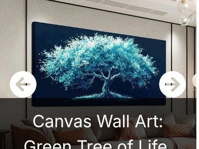 Canvas Wall Art: 20" x 40" Green Tree of Life - Large Teal/Blue Tree Painting for Home Decor (NEW)