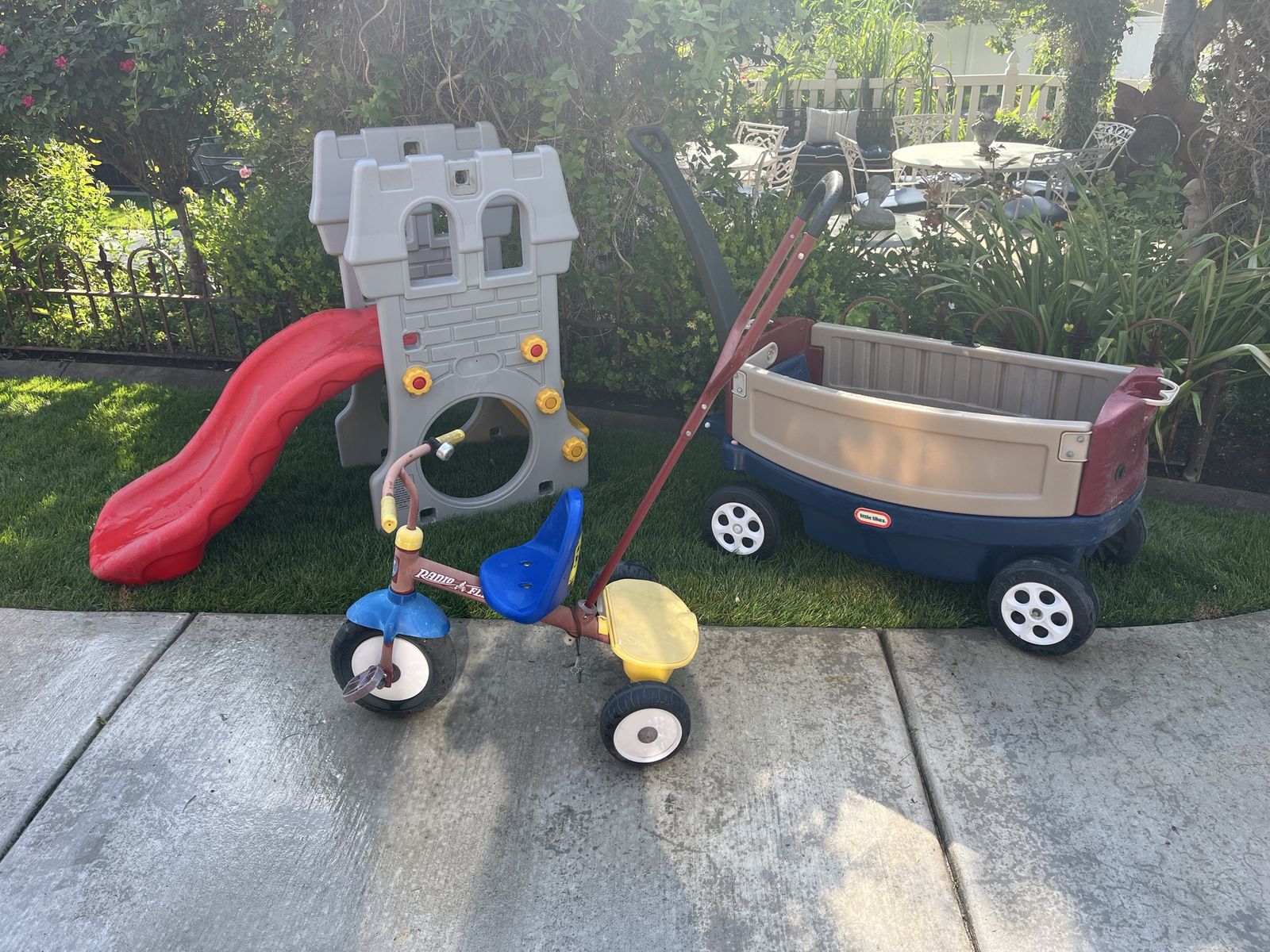 Kids toys: push trike $35, 2 seater wagon $80, kids climber $85