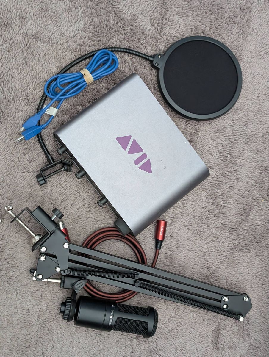 Audio Technica AT2020 beginner recording setup with boom arm, Avid MBOX interface