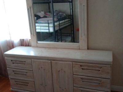 Vintage Light Wood Dresser with Mirror - Spacious Bedroom Storage