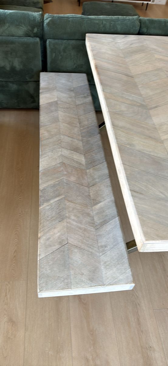 Rustic Herringbone Wood Dining Table & Bench Set with Metal Base