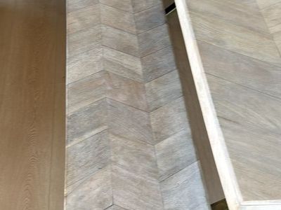 Rustic Herringbone Wood Dining Table & Bench Set with Metal Base