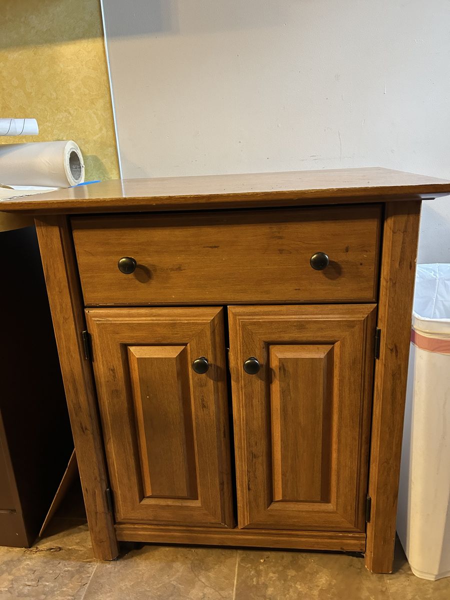 Wooden Accent Cabinet with Drawer and Double Door Storage, Brown Wood Finish