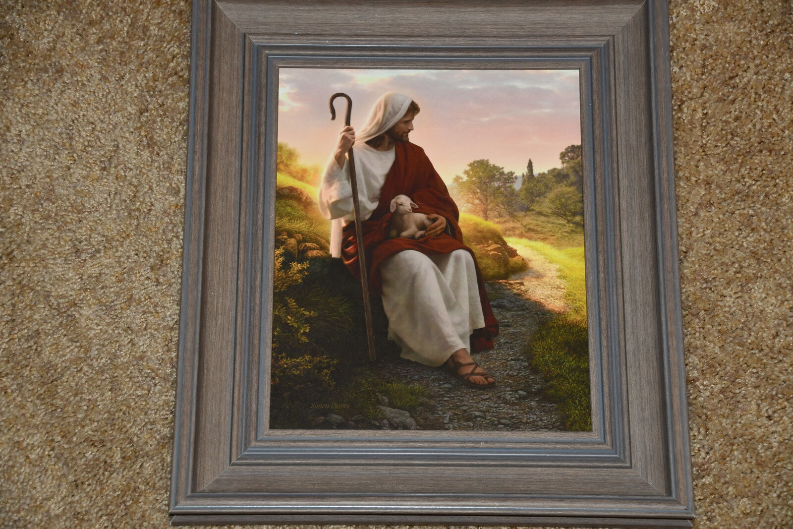 "IN THE SHEPHERD'S CARE" JESUS PICTURE ~ SIMON DEWEY ~ 12" x 14" FRAMED