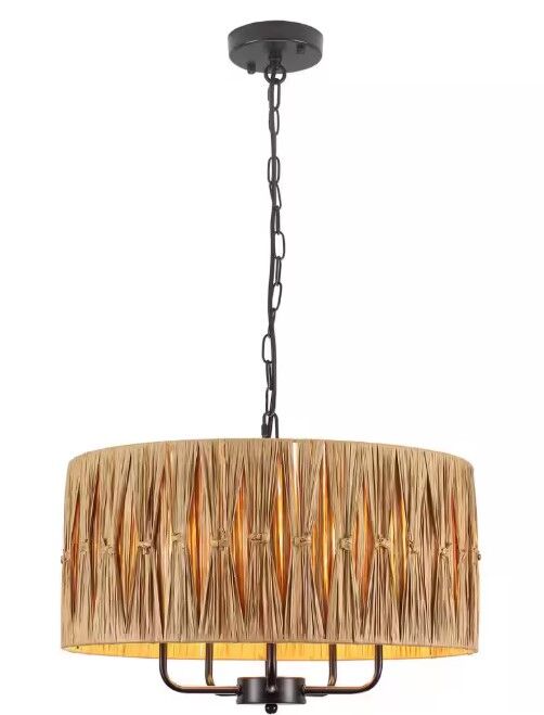 19" 5-Light Black Bohemian Raffia Dimmable Chandelier with Hand-Woven Drum Shade