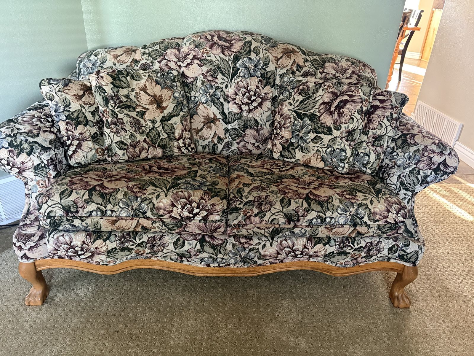 Vintage Floral Love Seat - Victorian Style Wood Trim Settee Couch