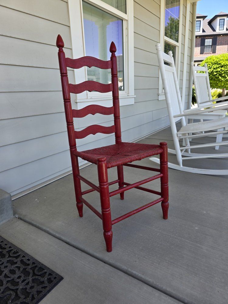 Vintage Red Ladderback Accent Chair with Woven Rush Seat - Cottagecore Decor