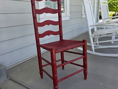 Vintage Red Ladderback Accent Chair with Woven Rush Seat - Cottagecore Decor