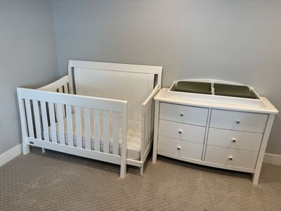 Crib + Mattress/Cover + Dresser + Diaper Changing pad/cover/dresser top