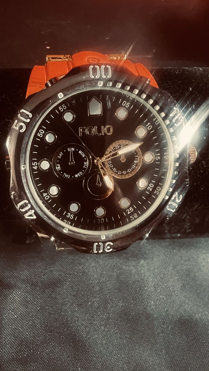 Folio Chronograph Style Watch with Black Dial and Rose Gold Tone Bracelet