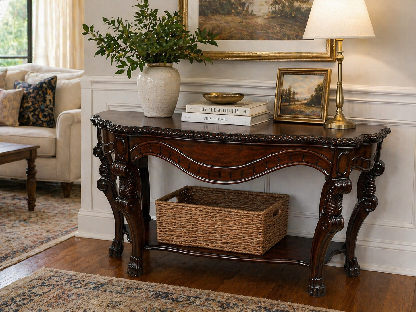 Vintage Bernhardt Bookmatched Walnut Console Table-Italian Provincial Style