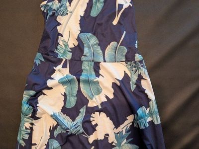 Styleword Women's Large Tropical Halter Maxi Dress - Navy Blue with White/Green Palm Print