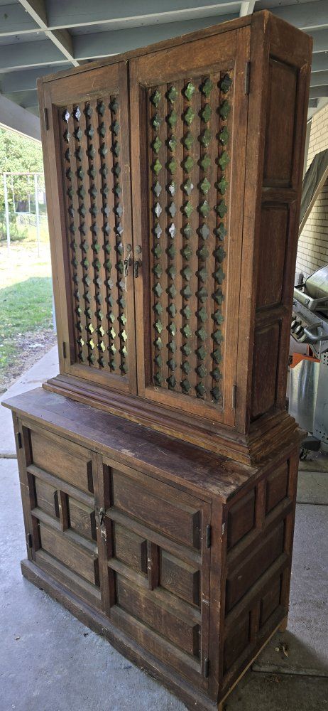 Vintage Antique Hutch and Cabinet with Lattice Glass Doors
