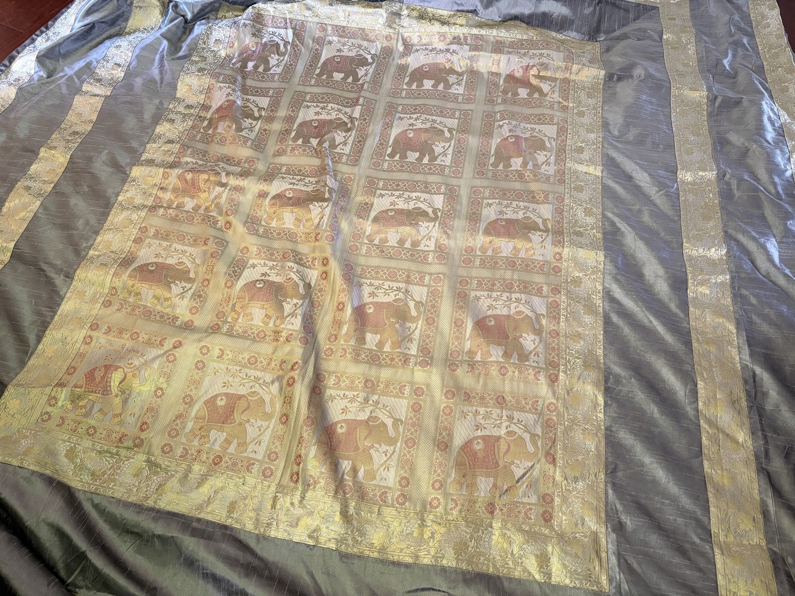 Silk Brocade Elephant Duvet Cover from India Silver & Gold