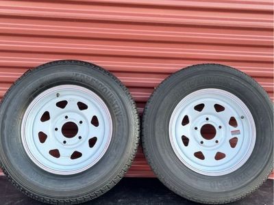 Set of 2 Free Country ST 205/75 R 15 Trailer Tires Mounted on New White Spoke Wheels 10 Ply E Load 5 on 4.5. Brand New