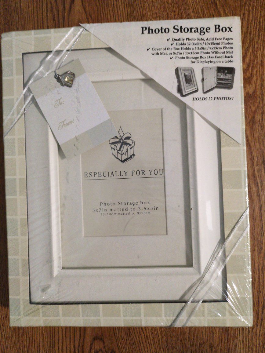 Photo Storage Box with Frame - Holds 32 (4x6") Photos, 5x7" Mat to 3.5x5", Easel-Back Display