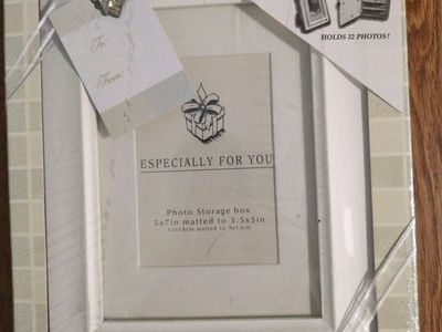 Photo Storage Box with Frame - Holds 32 (4x6") Photos, 5x7" Mat to 3.5x5", Easel-Back Display