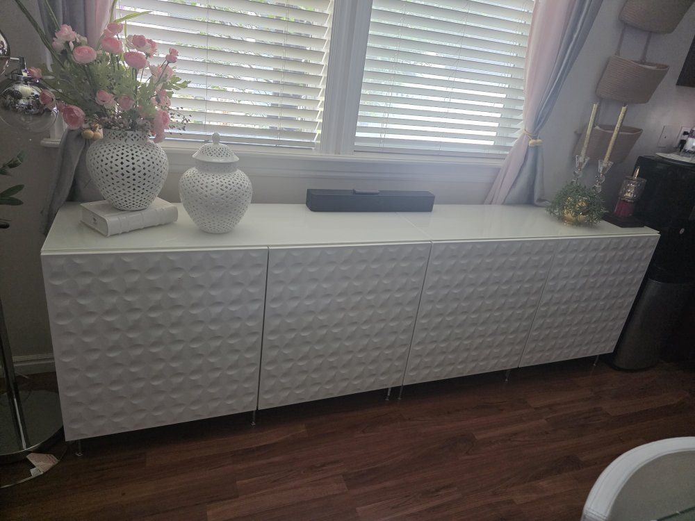 Ikea White 4-Door Modern Geometric Pattern Credenza Sideboard Media Console Cabinet