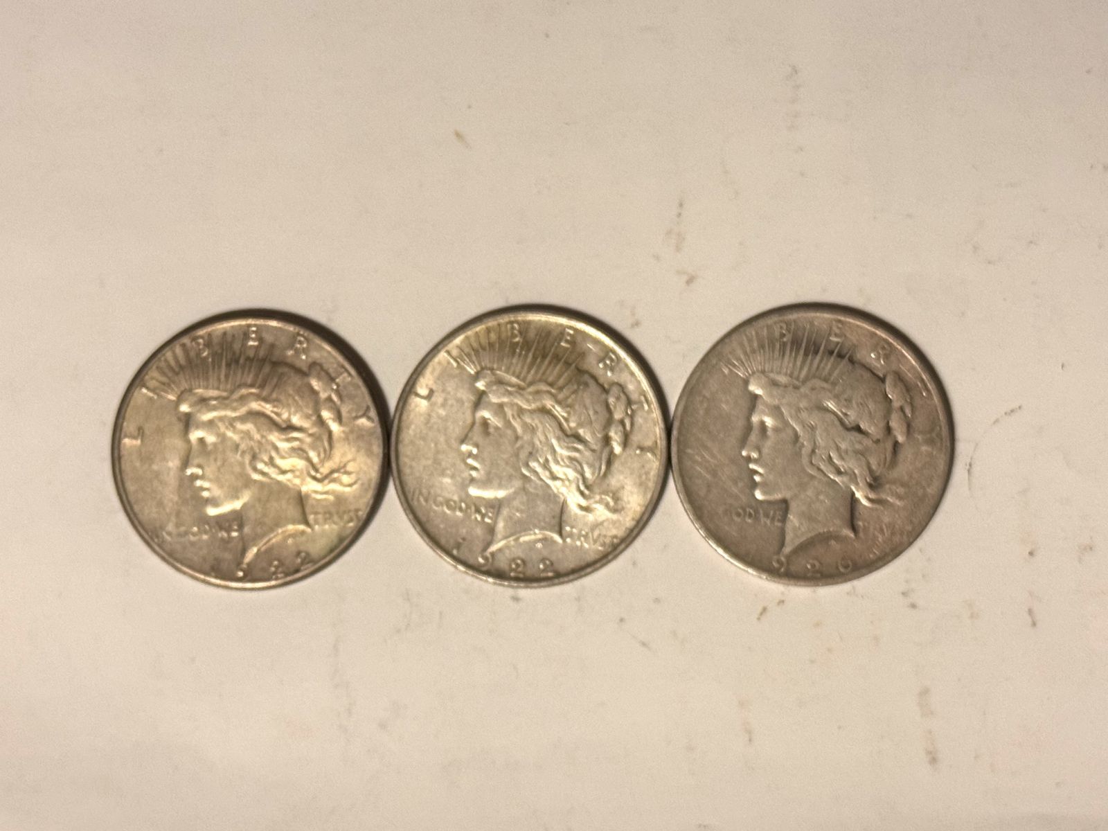 1922 and 1926 Peace Dollar 90% Silver Set of 3 Coins