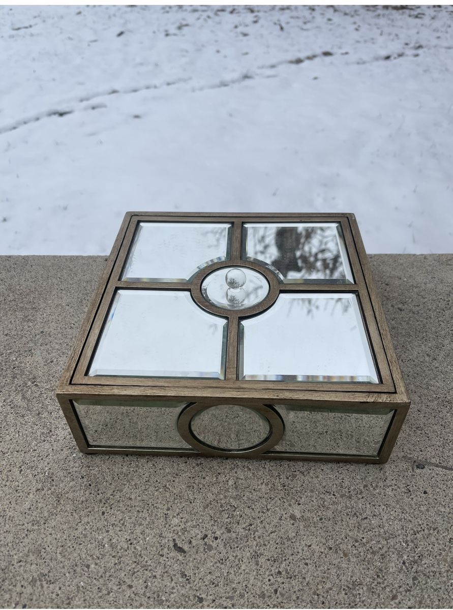 Decorative Mirrored Storage Box - Wood & Glass Trinket Holder with Removable Lid - 8x8 Inches